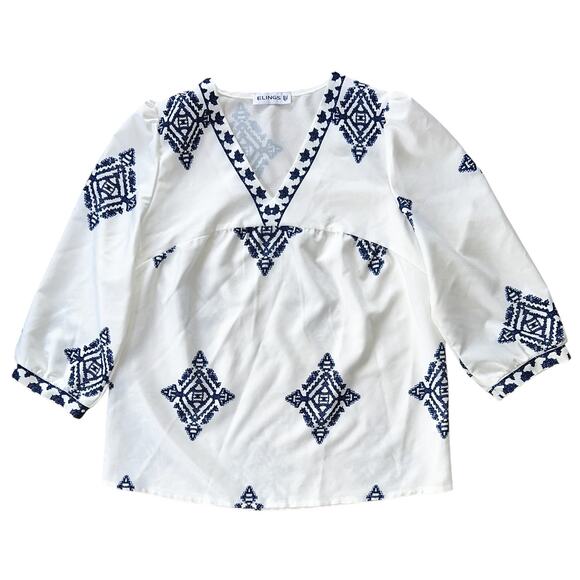 Elings Boho White & Blue Geometric Print Bracelet Sleeve V-Neck Blouse Small - Picture 1 of 6